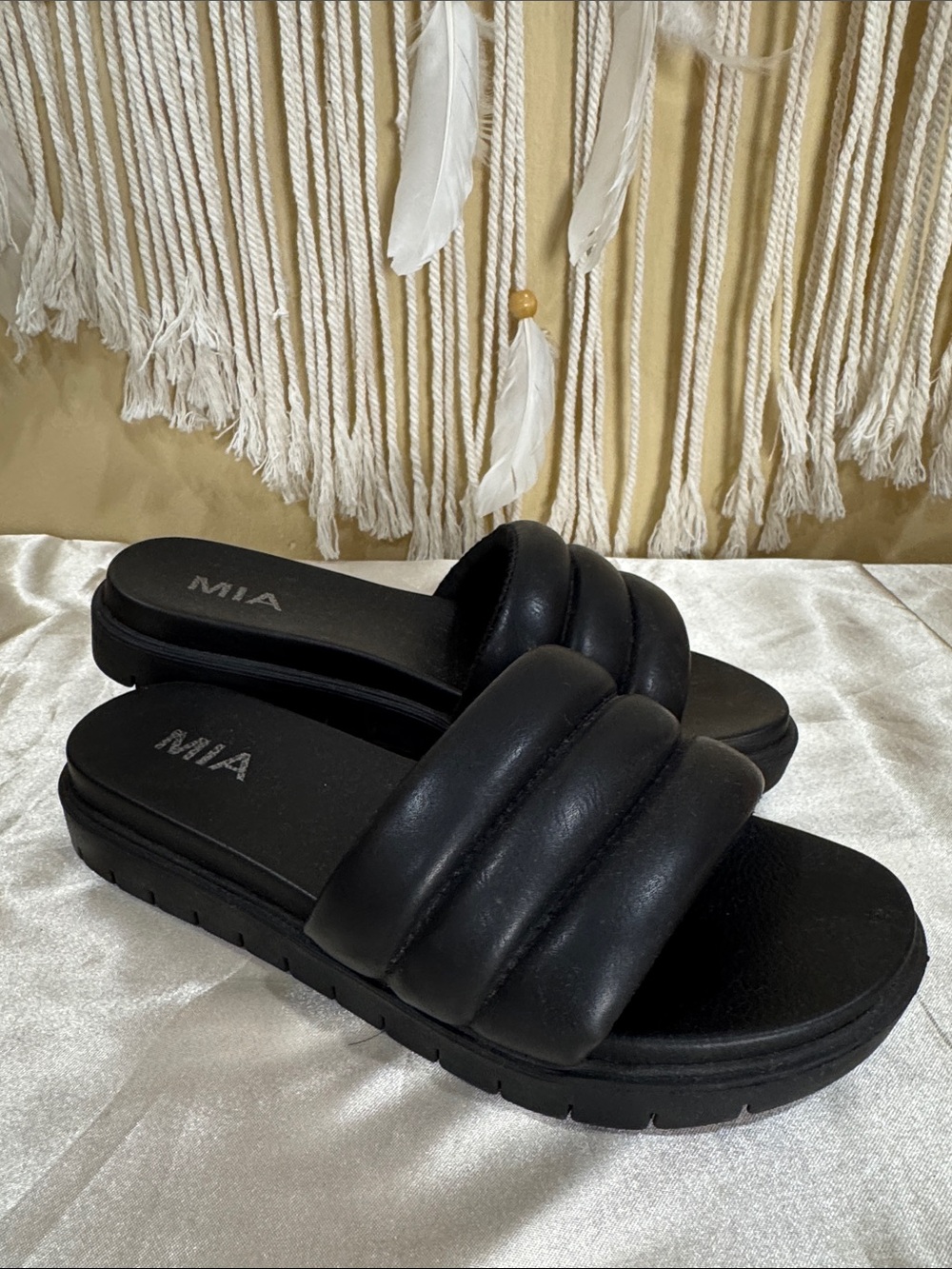 MIA Black Padded Slide Sandals with Quilted Strap